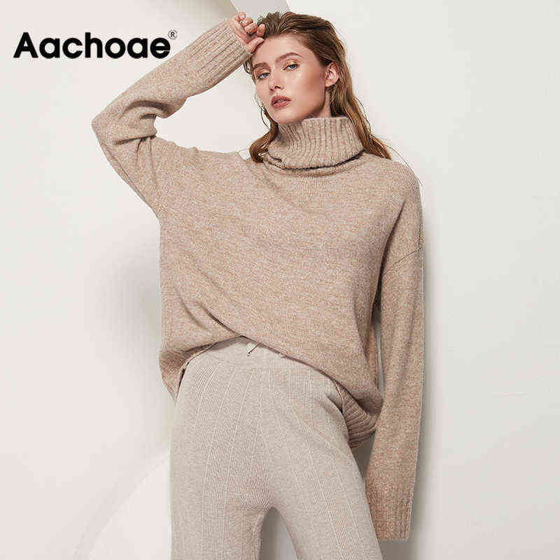 Aachoae Autumn Winter Women Knitted Turtleneck Wool Sweaters Casual Basic Pullover Jumper Batwing Long Sleeve Loose Tops 211109