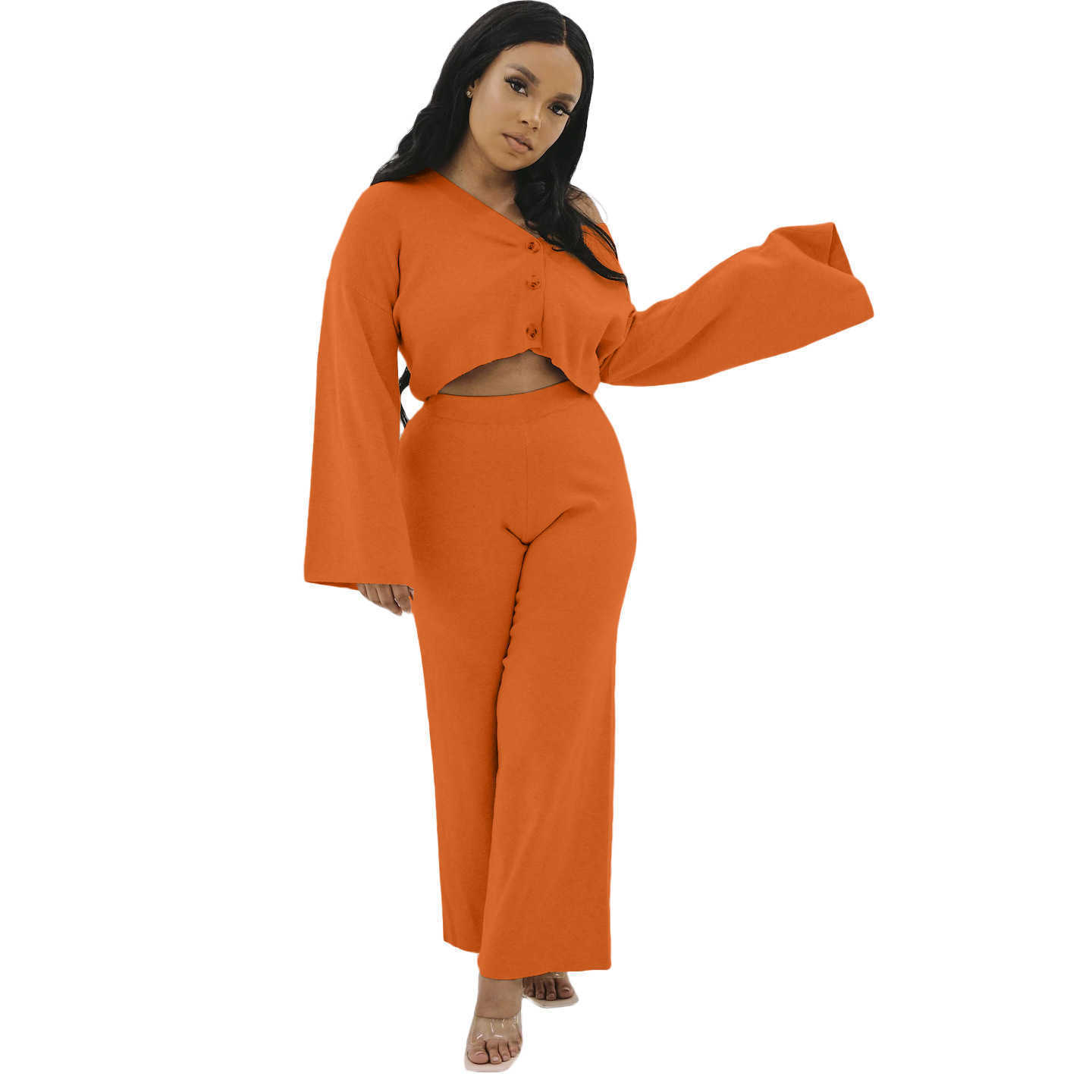 Women's Two Piece Pants women autumn and winter fashion loose two piece set leisure home set wide leg pants loose sleeve set