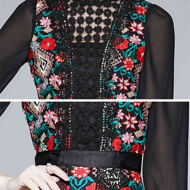 Runway Spring Top Quality Autumn Party Events Women Stand Neck Hollow Out Lace Embroidery Long Sleeve Bodycon Vintage Dress 210506