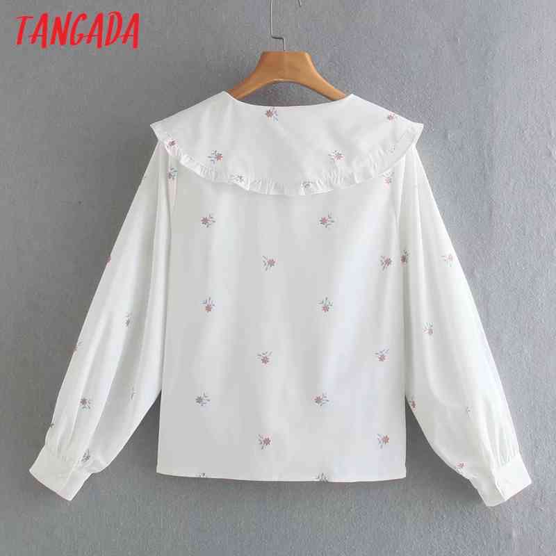 Women Retro Flowers Print Oversize Collar Long Sleeve Chic Female White Blouse Shirt Tops XN291 210416