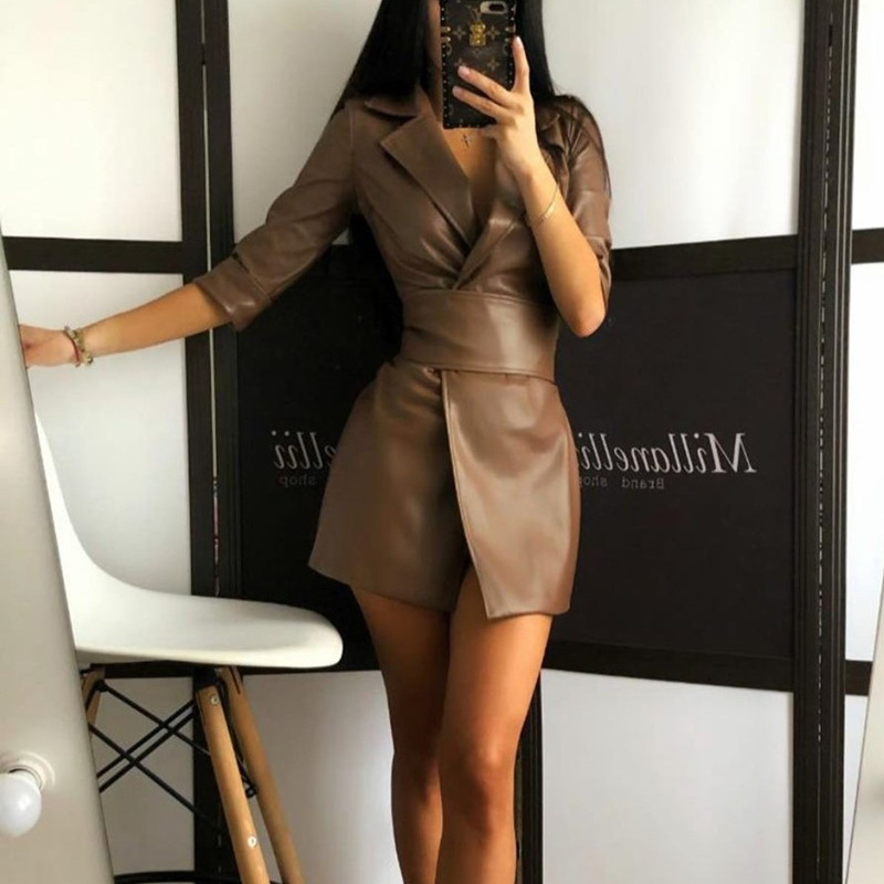 Sexy PU Bandage Women's Mini Dress Pure Faux Leather Ladies Jacket-Dress With Belt Autumn Winter Streetwear Vestido Female 210331
