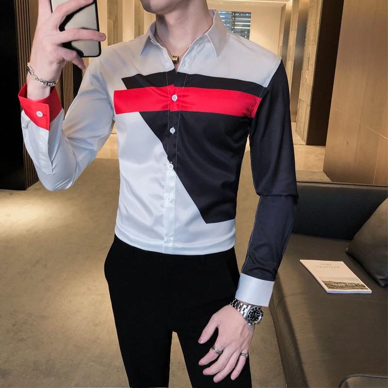 Social Guy Casual Slim Autumn Printing Embroidery Long-sleev Men's Fashion Temperament Inch Shirt Shirts
