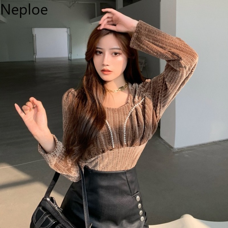 Neploe Sweet Puff Sleeve Knitted Pullovers Fall Woman Clothes Sweaters Square Collar Beading Jumper Tops Pull Femme 4G405 210422