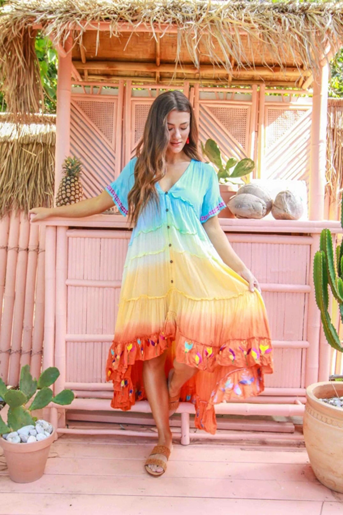 Women Dress V Neck Short Sleeve Bohemia Sexy Large Hem Maxi es Single Breasted Loose Long Beach es 210513