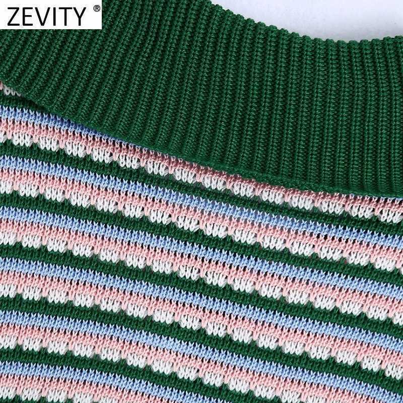 Zevity Women Vintage Color Matching Striped Crochet Knitting Sweater Ladies Short Sleeve Diamond Button Pullovers Tops SW829 210603