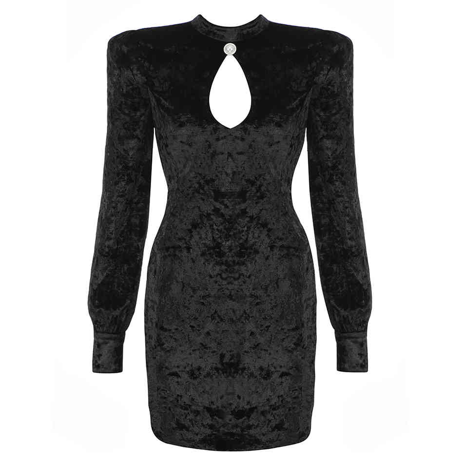Free Sexy Black Velvet Dress Women's O-neck Long Sleeve Bodycon Hollow Mini Celebrity Club Party Vestido 210524