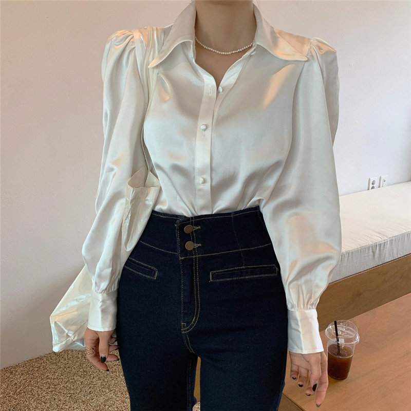 Beige Satin Puff Sleeves Chic Solid Office Lady Women Blouses OL Elegant Shirt Loose Tops Female 210421