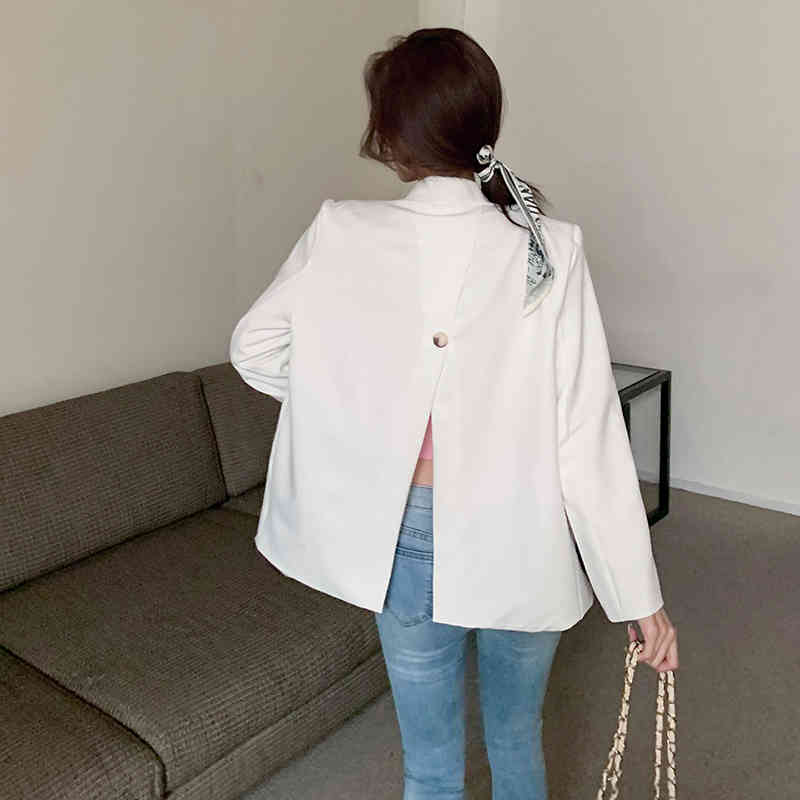 Women Fashion Casual Double Breasted White Blazer Coat Vintage Notched Long Sleeve Female Outerwear Chic Tops 210518