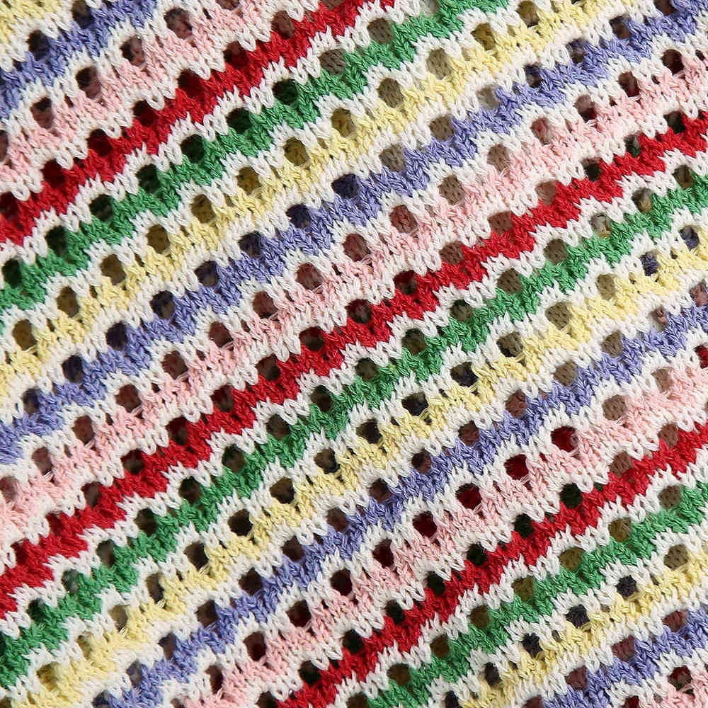 Women Elegant Rainbow Striped Print Hollow Out Sweater Casual Crochet Knitted Cardigan Coat Female Chic Single Breasted Jacquard 210521wtt