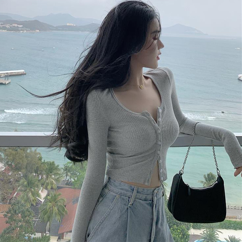 Lucyever Korean Style Short Knitted Sweaters Women Casual O-neck Elastic Cardigans Woman Solid Color Long Sleeve Crop Tops Mujer 210521wtt