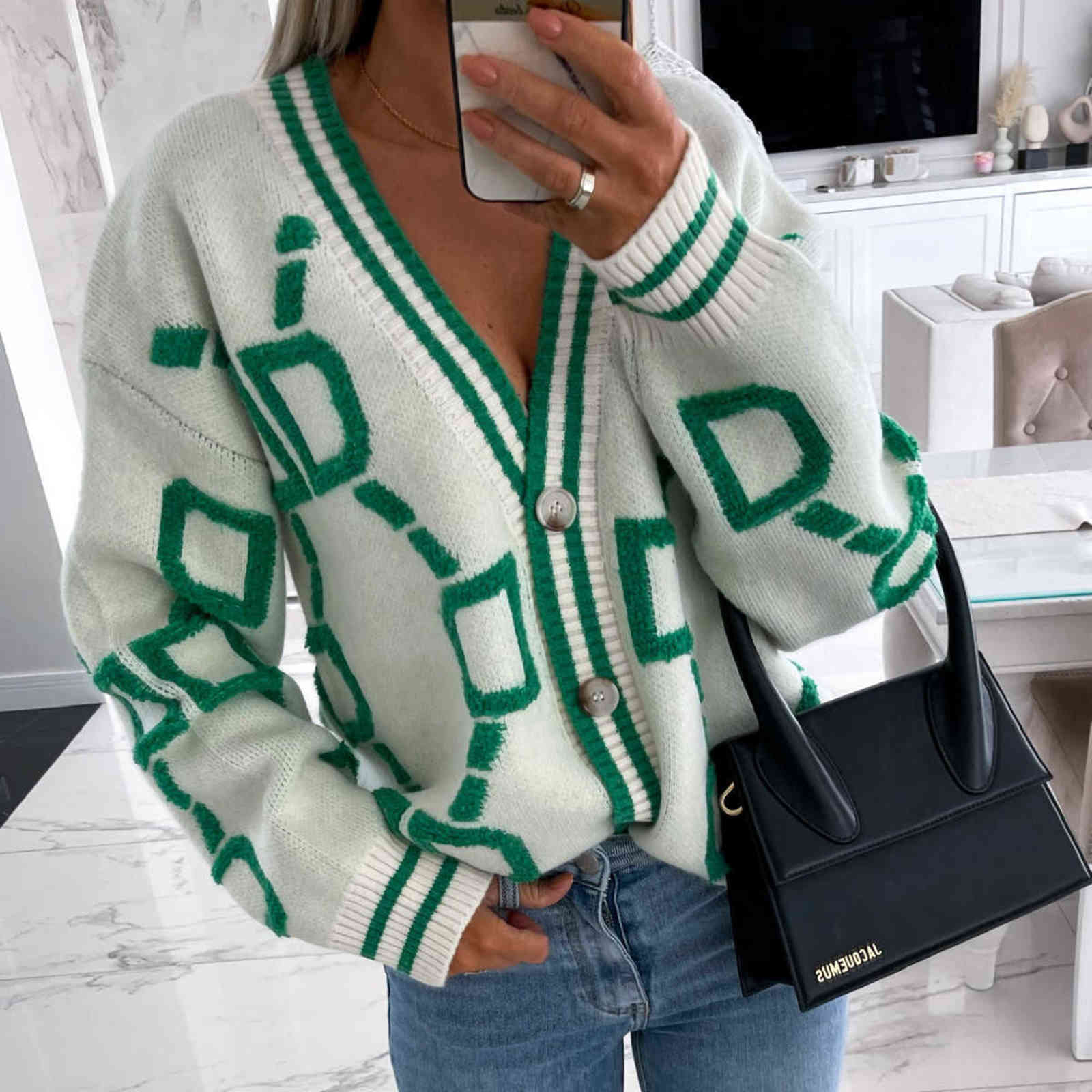 Women Autumn Winter Loose Knitted Cardiagn Casual V-neck Drop-shoulder Sleeve Sweater Coat Female Chic Crochet Outerwear 211123