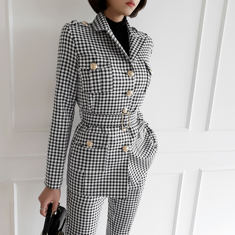 High quality Fashion Office Ladies Plaid Suit Slim Fit Autumn 2 Piece Set Blazer Suits Vintage Business Work Outfits 210506