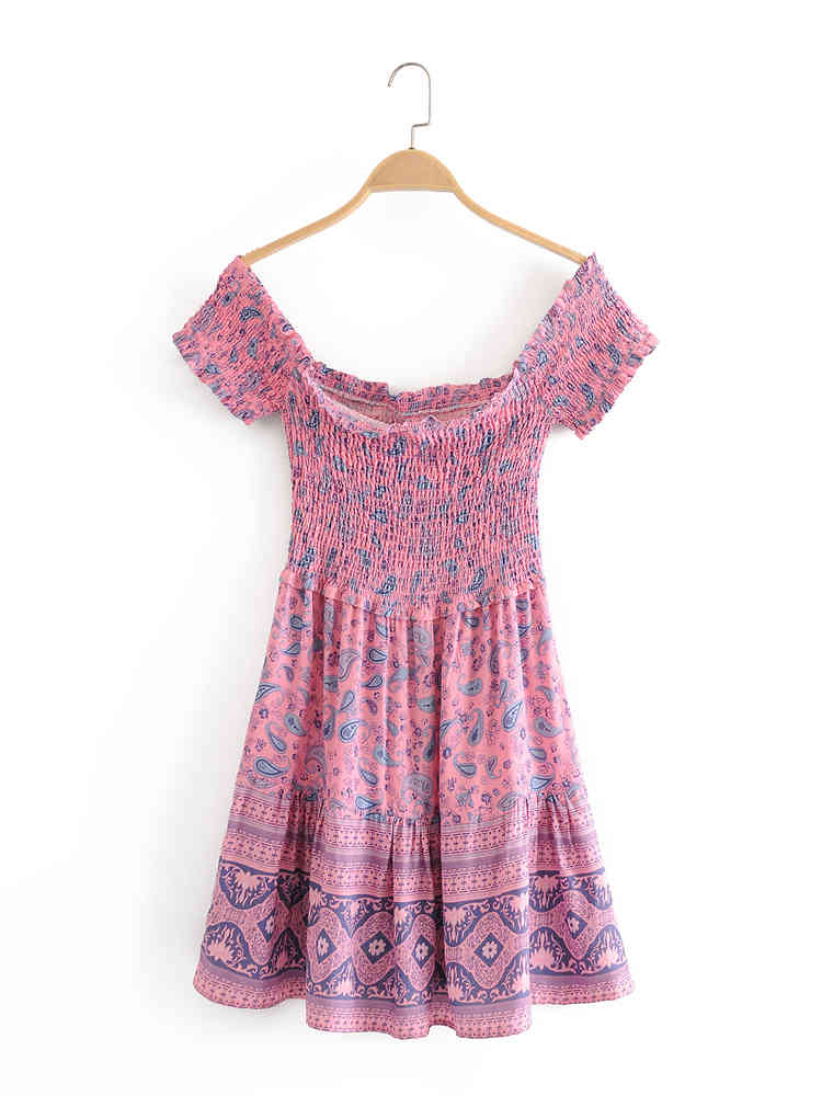 Chu Sau beauty Boho Elastic Bust Vinatge Print Mini Dress Women Holiday Chic Strapless Summer Beach Dresses Mujer Vestido 210508