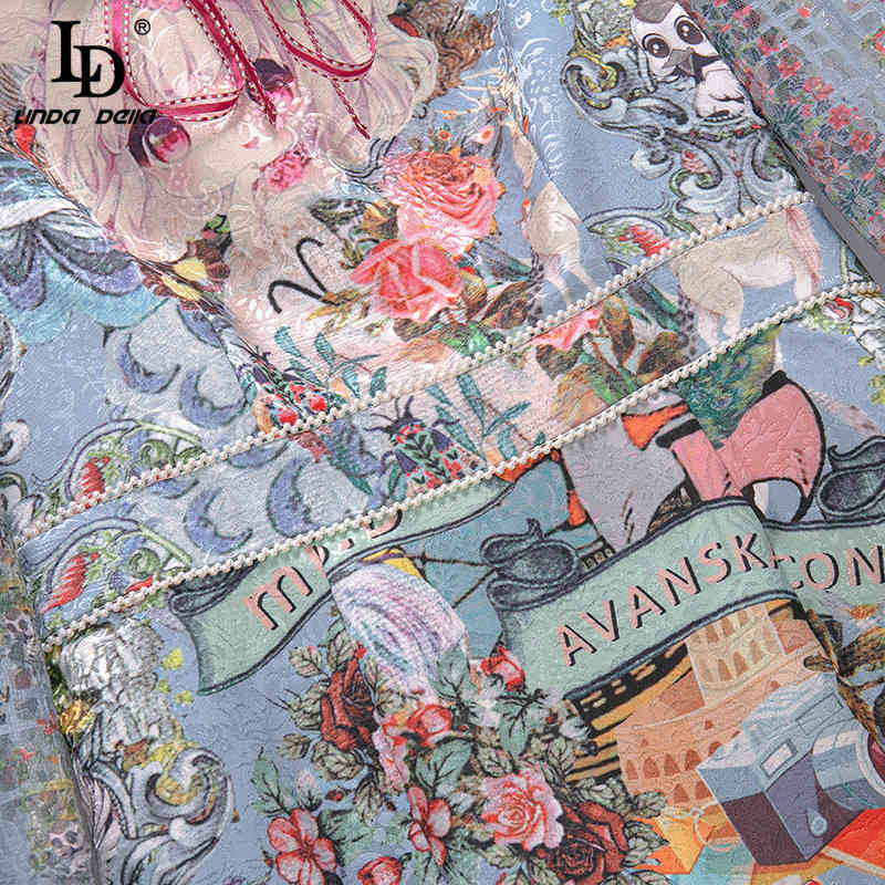 Autumn Fashion Runway Vintage Dress Women Turn-down Collar Bow Beading Graffiti Printing Ruffle A Line Mini 210522