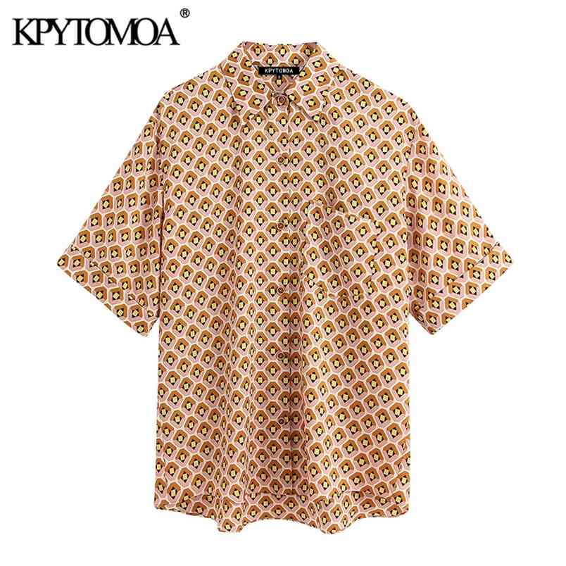 Women Fashion Geometric Print Pocket Blouses Lapel Collar Short Sleeve Female Shirts Blusas Chic Tops 210420