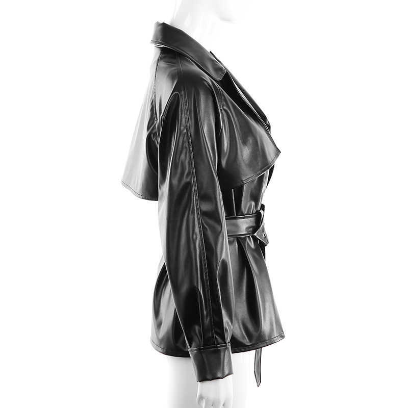 Ly Varey Lin Autumn Women Faux Soft Leather Oversize Jacket Turndown Collar Black Punk Pu Moto Overcoat With Belt 210526