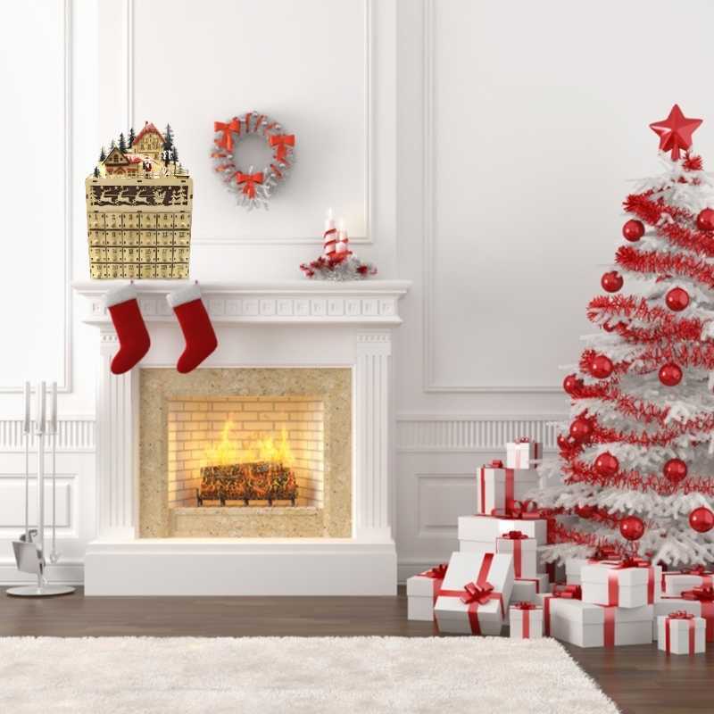 Christmas Wooden Advent Calendar LED Lighted Village House Santa Claus Countdown Ornament with Large Drawers Box Xmas Decoration 211019