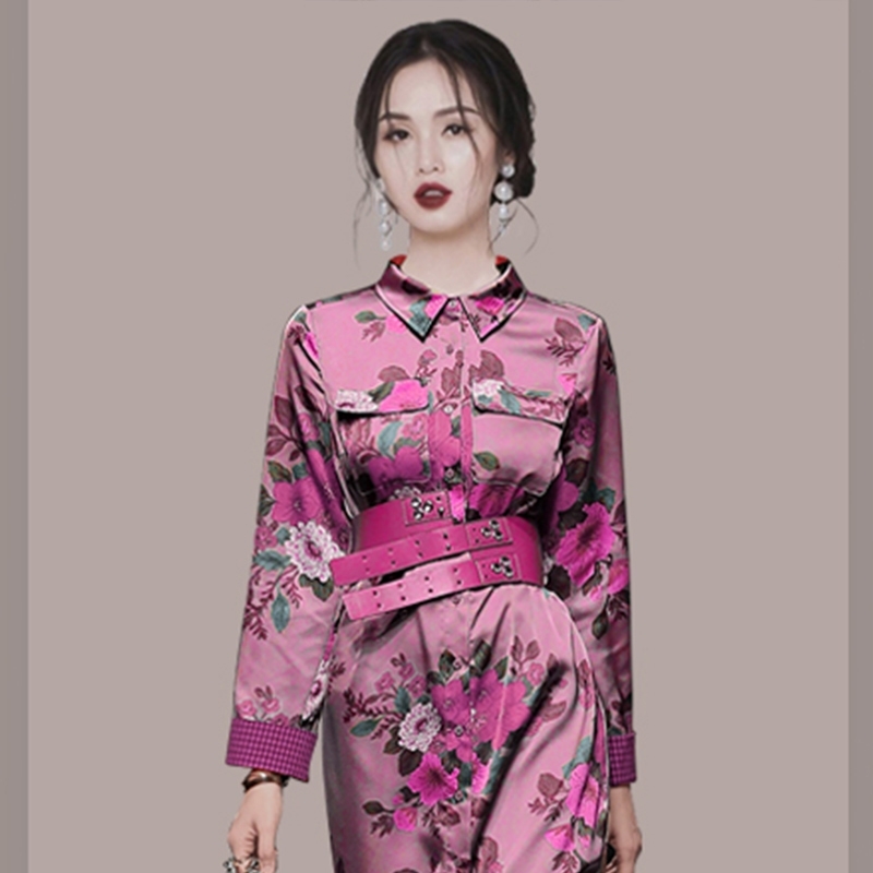 Autumn Vintage Elegant England Style Purple Flower Midi Dress Women Lady Office work Dresses Lapel neck Casual With Belt 210506