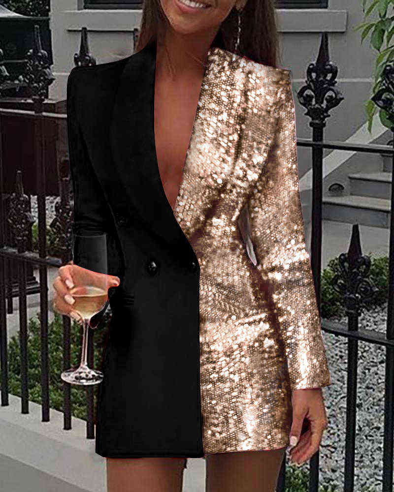 Women Office Dress Colorblock Patchwork Long Sleeve Blazer V Neck Sequins Double Breasted 211122