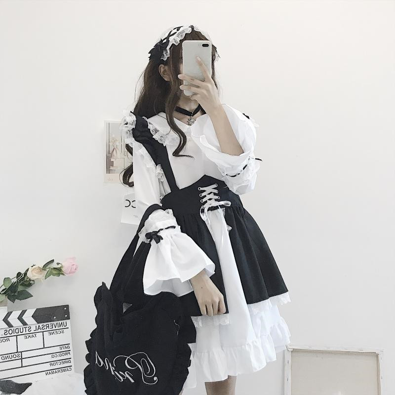 Sweet Black and White Lolita Dress Women Maid Costume Gothic Party Flare Sleeve es Japanese Style Vestido 13646 210427