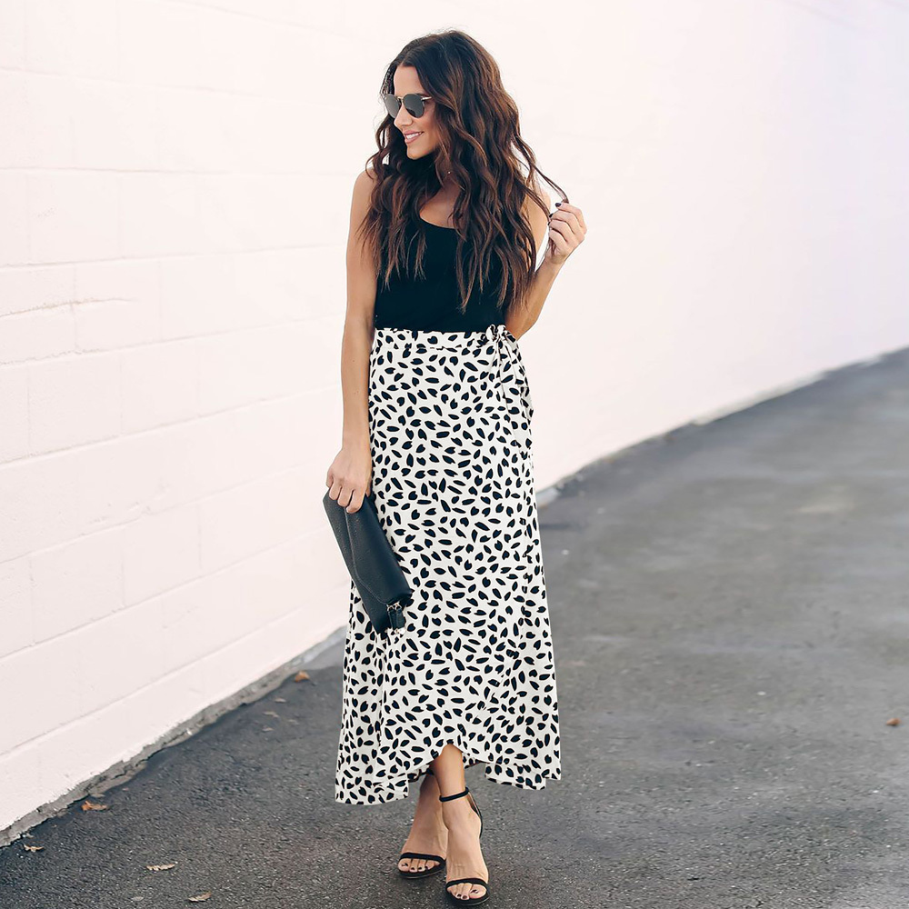 Split High Waist A-Line Skirt Dot Printed Summer Women Beach Party Long Skirt New High Waist With Belt Ruffles Wrap Skirts 210415
