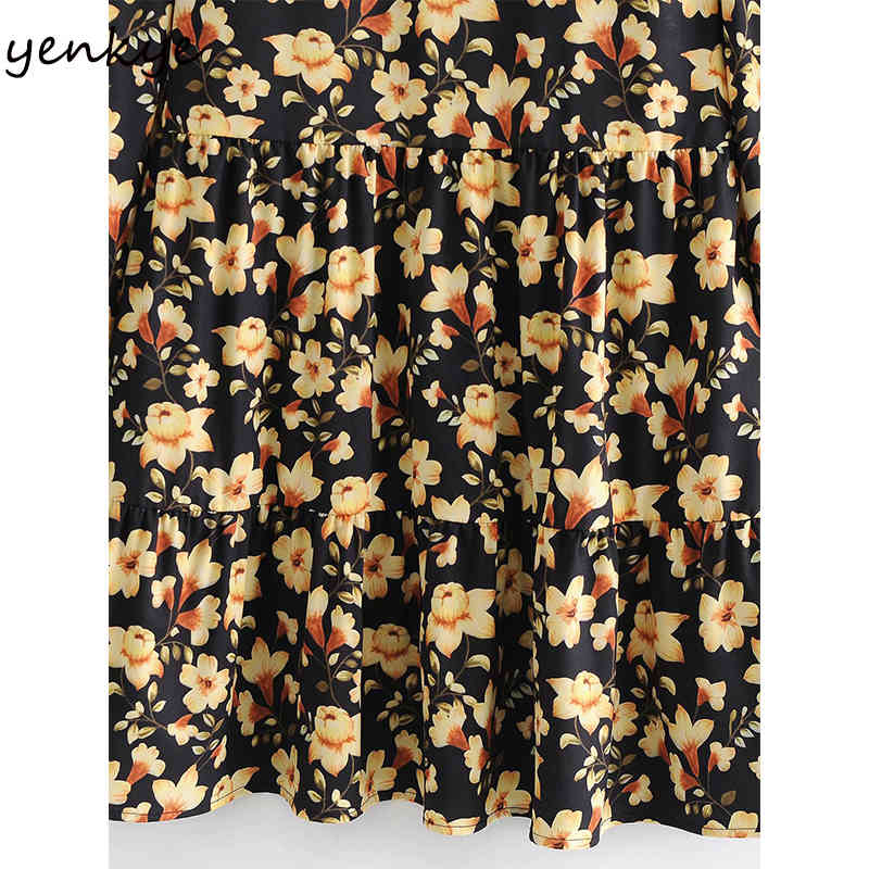 YENKYE Vintage Yellow Floral Print Dress Women Lantern Sleeve V Neck Pleated Casual Loose Dress Spring Plus Size Short Vestido 210515