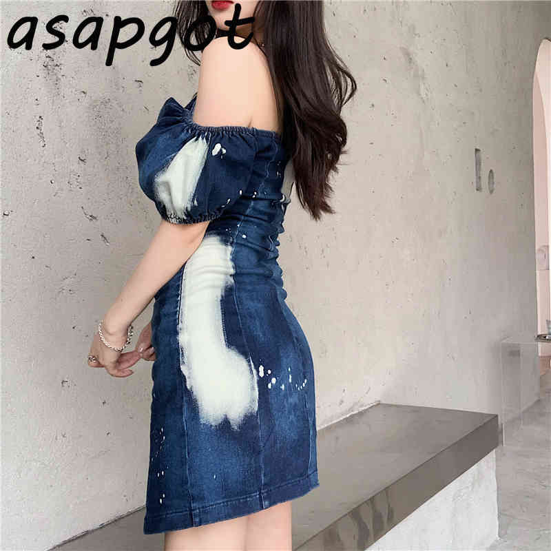 Dresses Sexy Spaghetti Strap Off The Shoulder Blue Denim Tie Dyed Dress Women Halter Party Vintage Vestido De Mujer Hollow Out 210429