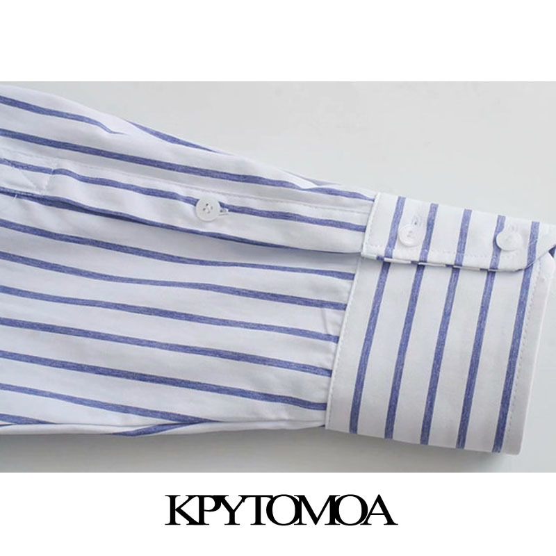 KPYTOMOA Women Fashion Office Wear Striped Loose Blouses Vintage Long Sleeve Pockets Female Shirts Chic Tops 210401