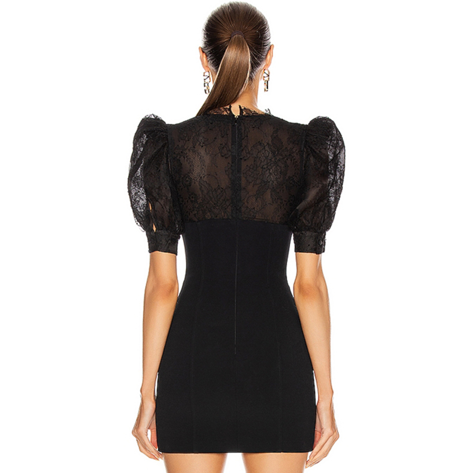 Summer Women Black Lace Bdoycon Bandage Dress Sexy V Neck Short Sleeve Buttons Celebrity Evening Runway Party Dresses 210423