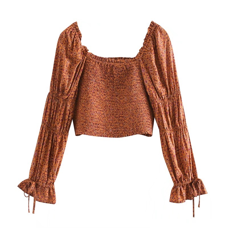 Women Ruched Elastic Slash neck floral Print Long sleeve Shirt Retro Lacing up Sheep Leg cuff Short Blouse Cropped Tops 210429