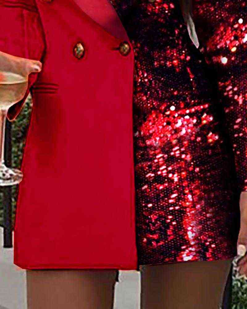 Women Office Dress Colorblock Patchwork Long Sleeve Blazer V Neck Sequins Double Breasted 211122