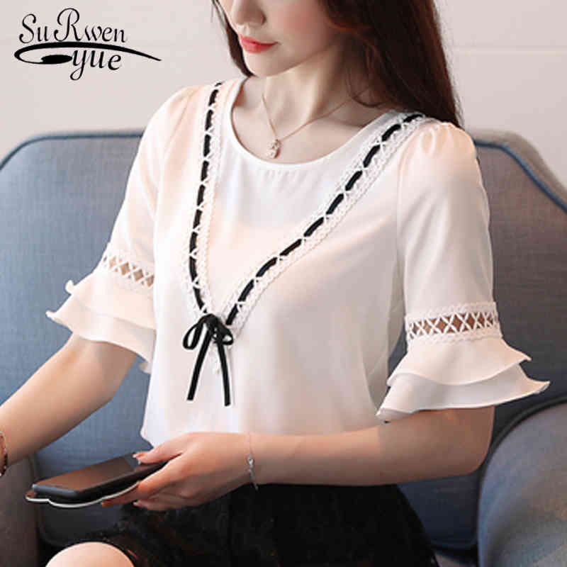 Women's Tunic Summer Short Sleeve Solid Color Elegant Bow Chiffon Blouse Women Office Lady V-neck White 8851 50 210427