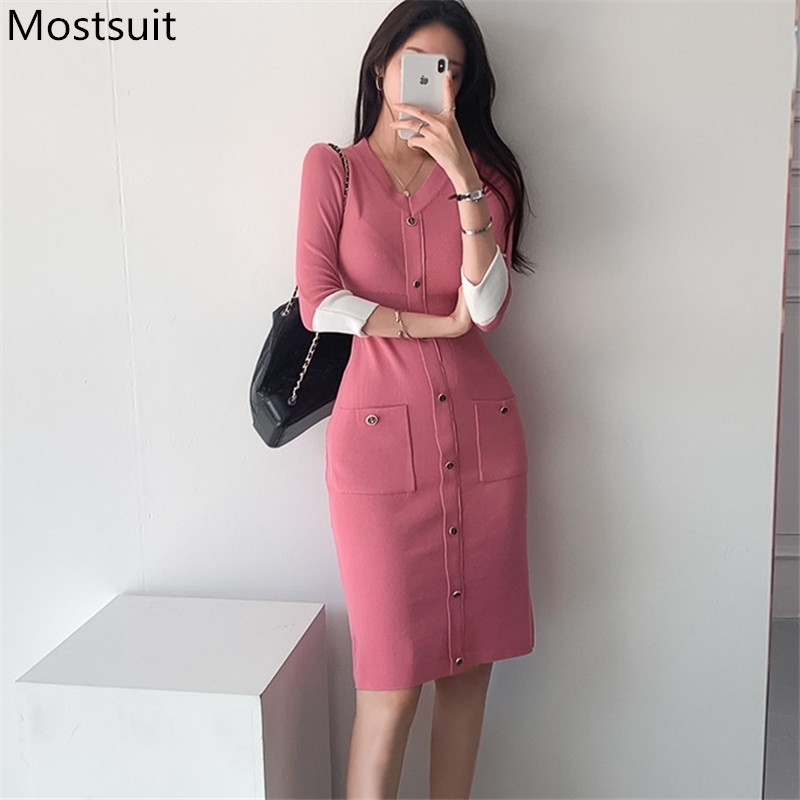 Korean V-neck Single-breasted Knitted Dress Women Autumn Color-blocked Buttons Pockets Dresses Elegant Ladies Vestido Femme 210518, Black
Korean V-neck Single-breasted Knitted Dress Women Autumn Color-blocked Buttons Pockets Dresses Elegant Ladies Vestido Femme 210518, Black