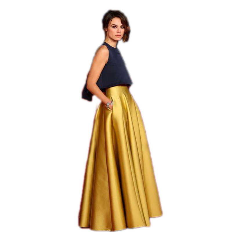 High Quality Gold Skirt A Line Floor Length Long With Pocket Fashion Satin s Womens Custom Made Saia Longa 210619