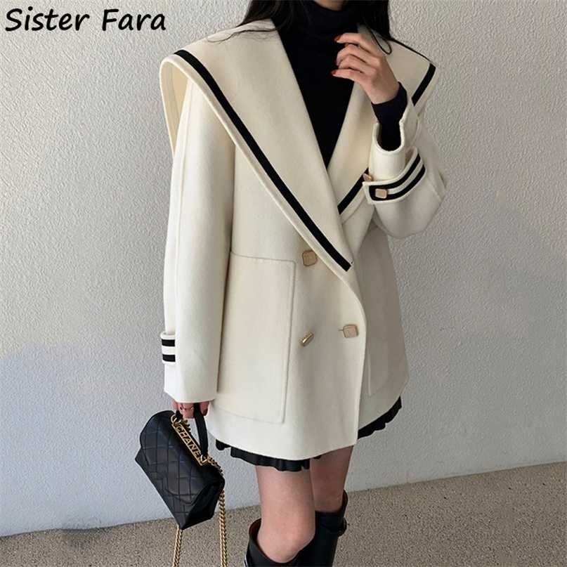 Sister Fara Autumn Sailor Collar Blazer Long Sleeve Jacket Women Double Breasted Winter Thicken Warm Coat Loose Blazers 211122