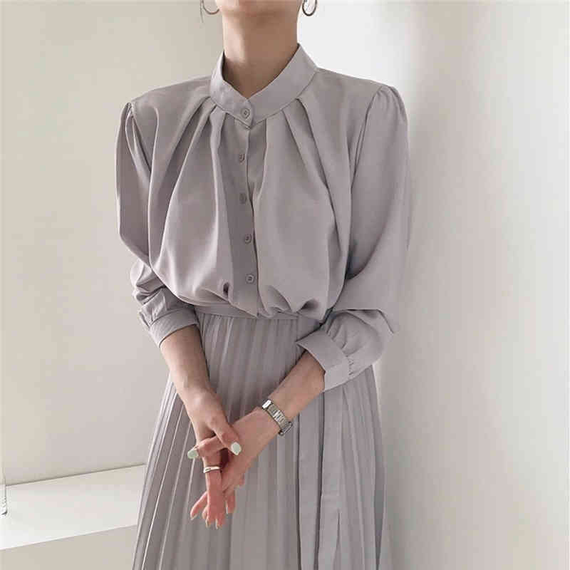 Fashion Chic Stand Waist-Controlled Slim Brief Autumn Pleated Solid Elegance A-Line High Waist Women Long Dresses 210421