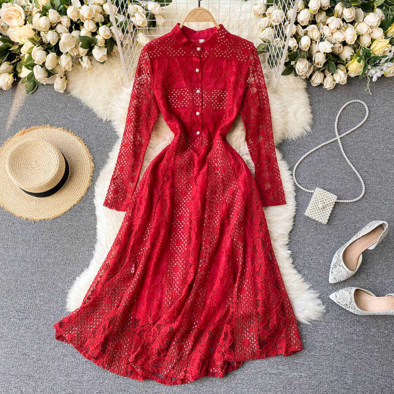LY VAREY LIN Spring Autumn Women O-neck Vintage Single Breasted Midi Dress Office Ladies Lace Patchwork Fairy 210526