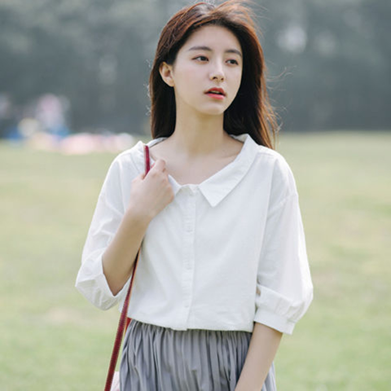 Spring Summer Korean Fashion Preppy Style Women 3/4 Sleeve Loose White Shirts Cotton Peter Pan Collar Casual Blouse S710 210512
