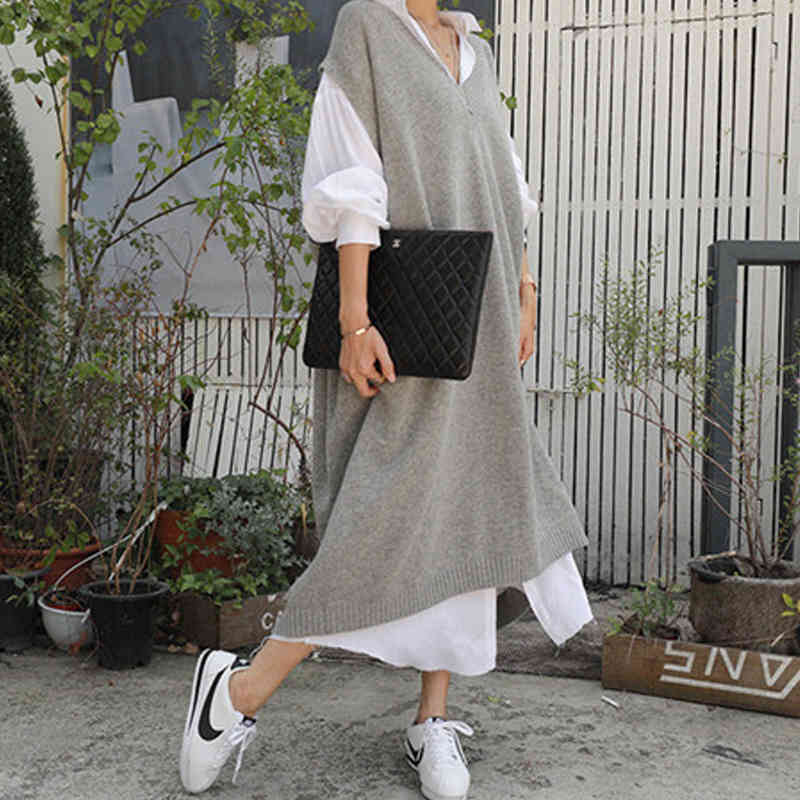 Warm Gray Sweater Dresses Women Oversize Sleeveless Casual Loose Knitted Dress Ladies Office Work Wear Long Dress Robe Longue 210331