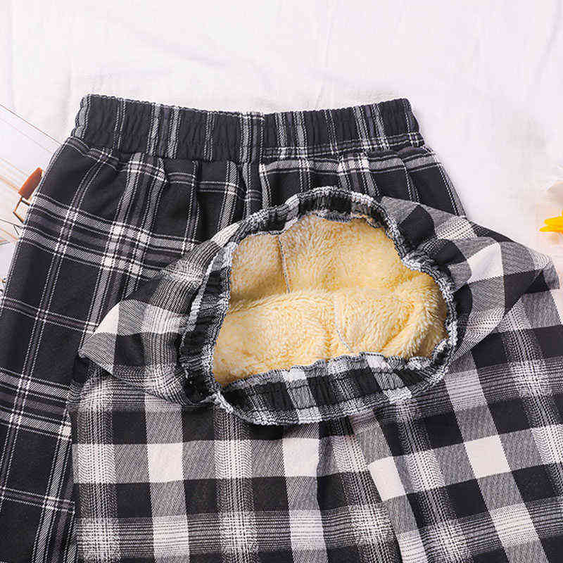 SVOKOR Women Plus Cashmere Warm Winter Pants Casual Retro Checkered Wide Leg Fashion Trousers Girl 211115
