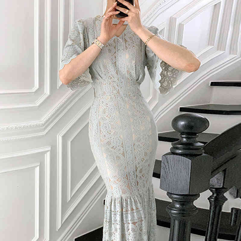 Dresses Chic Korean Slim V Neck Lace Hollow Out Short Sleeve Wrap Hip Mermaid Dress Women Temperament Elegant Sexy Spring 210429