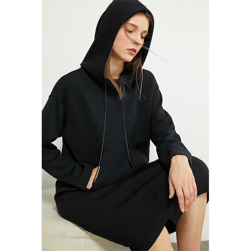 Minimalism Autumn Fashion Women Hoodies Causal Solid Hooded Loose Knee-length Dress Female Sweatershirt Tops 12040317 210527