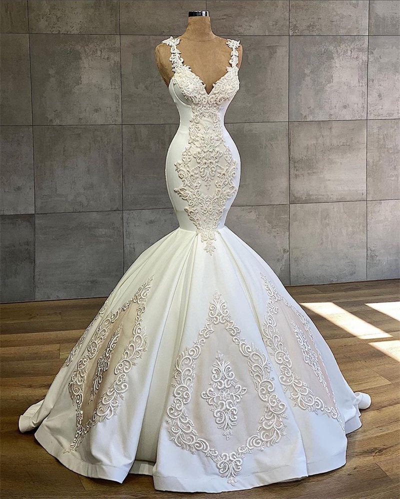 Luxury Mermaid Wedding Dress Beads Apppliqued Lace Robe De Mariee Custom Made Spaghetti Strap Beach Boho Bride Gown