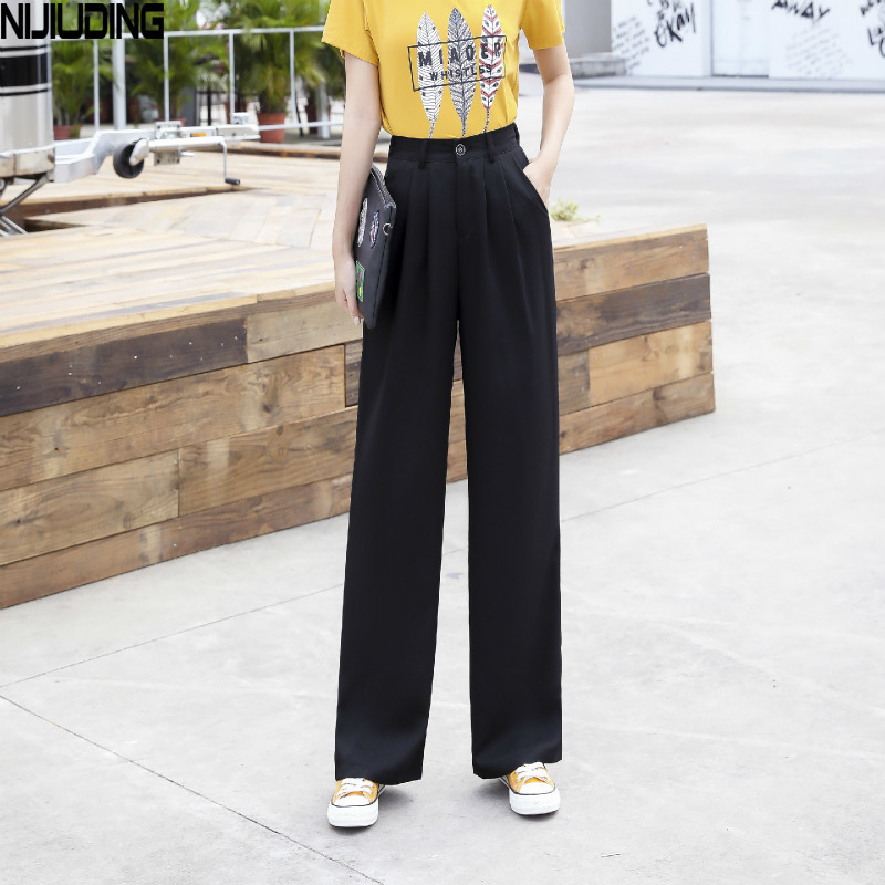 Womem Wide Leg Pants Spring Summer Female Elegant Loose Chiffon Straight Pant Long Trousers Office Lady Pantalon 210514