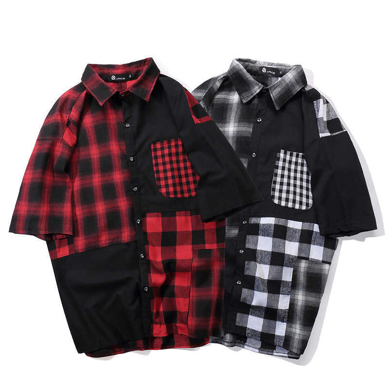 Cargo Shirts Men Summer Plaid Hip Hop Streetwear Color Block Harajuku Short Sleeve Checkered Casual 210527