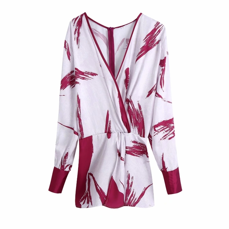 Women V-Neck Knotting Decoration Printed Shirt Femme Long Sleeve Blouse Casual Lady Loose Tops Smock Blusas S8068 210430