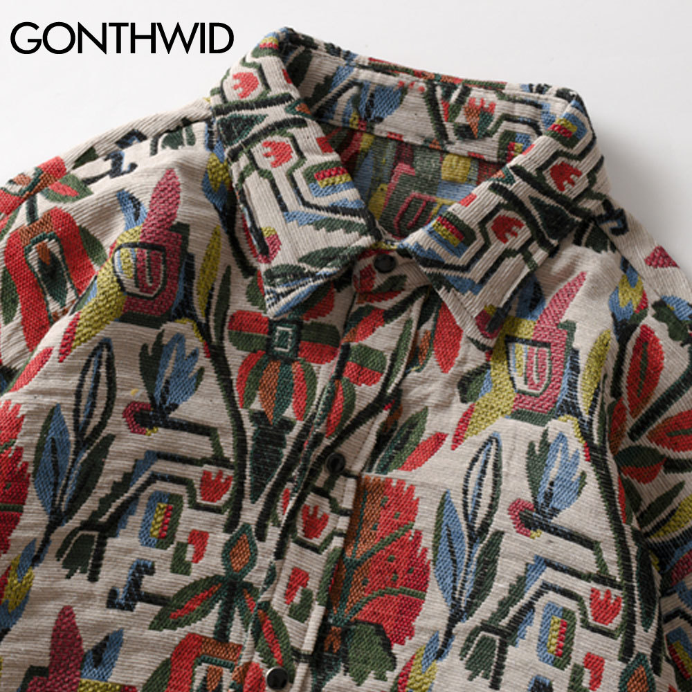 GONTHWID Southwestern Aztec Tribal Indian Button Shirts Streetwear Hip Hop Casual Flowers Patterned Long Sleeve Shirt Coats Tops 210410