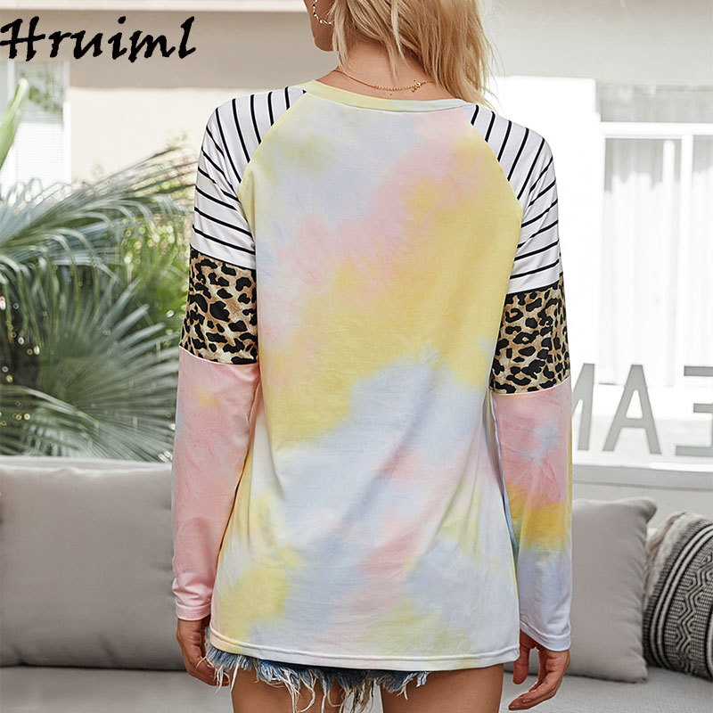 Knitted T Shirt Long Sleeve Leopard Patchwork Tie Dye Woman Tshirts Round Neck Causal Loose Streetwear Fashion Tshirt Ropa Mujer 210513