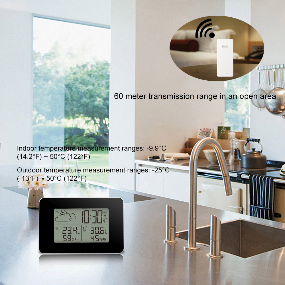 Digital Alarm Clock Weather Station Wireless Sensor Hygrometer Thermometer Watch LCD Time Desktop Table Clocks Show Indoor Outdoor Temperature Humidit
