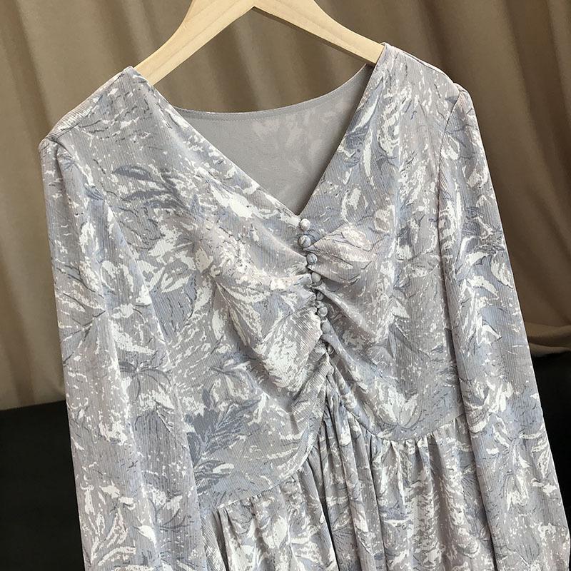 Early Autumn Simple And Cold Wind Retro Ink Smudge Romantic Printing Waist Slimming Dress Casual Dresses